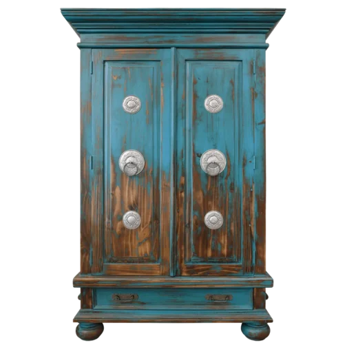 armario-de-madera-color-turquesa-desgastado-con-conchos-de-cobre-y-diseño-clasico-rustico